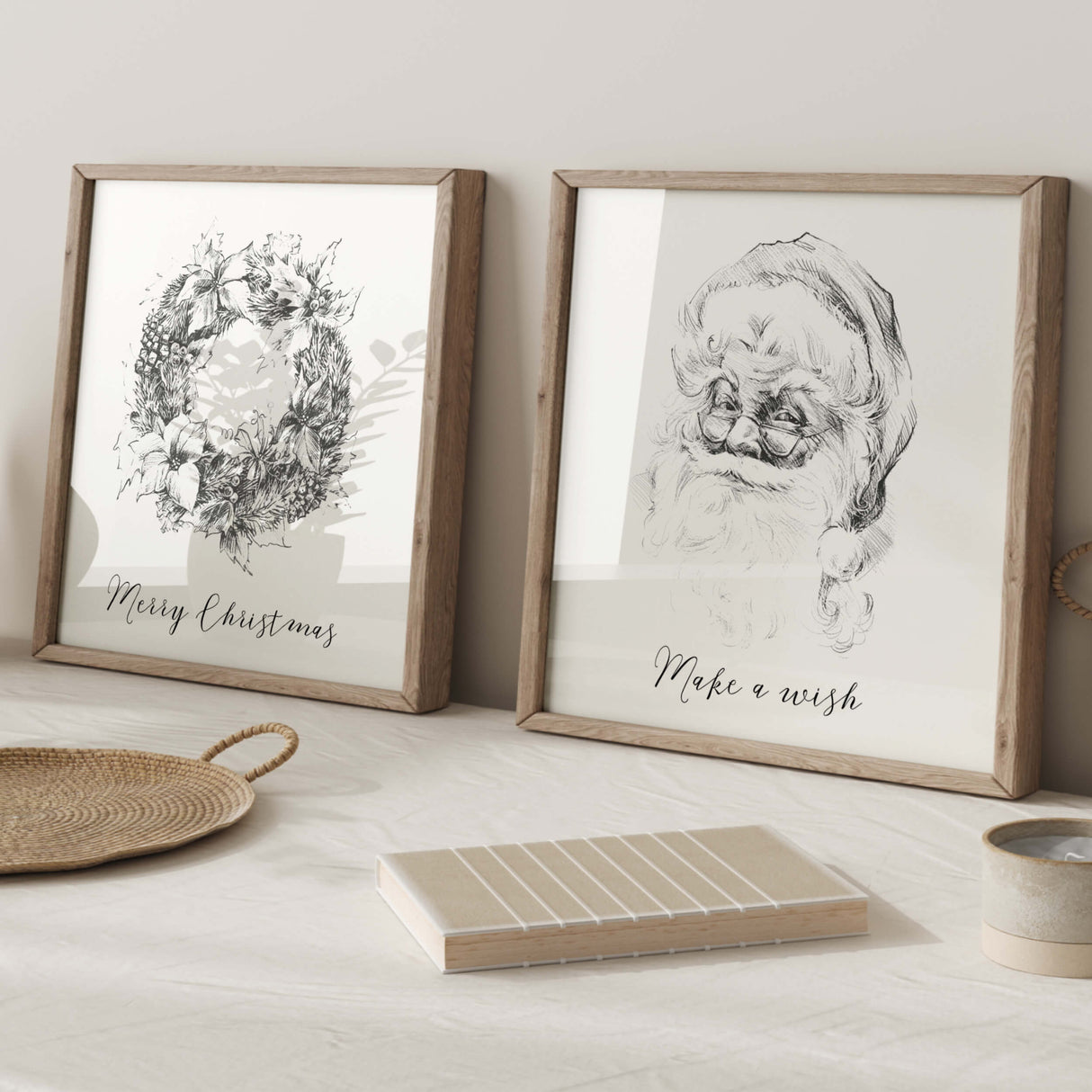 Black and white Santa and wreath poster with Merry Christmas and Make a wish  quote for christmas wall decor.