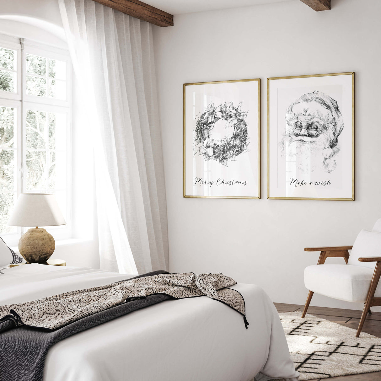 Black and white Santa sketch and wreath print with Merry Christmas and Make a wish  quote for black and white christmas wall decor.