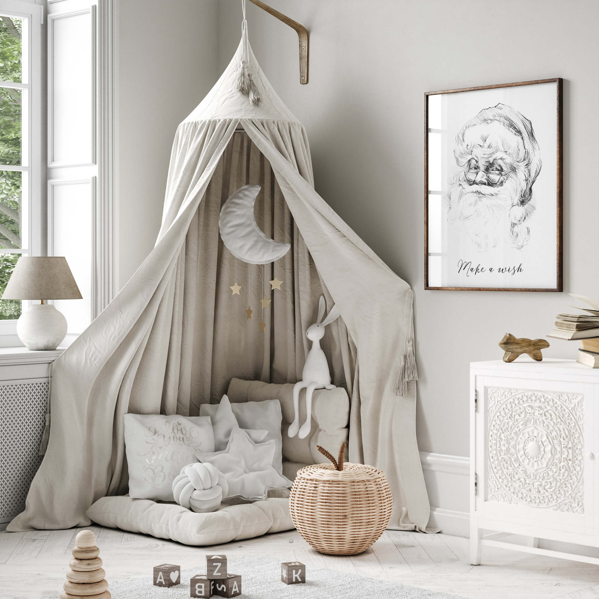 Black and white Santa sketch print with Make a wish  quote for black and white christmas nursery wall decor.