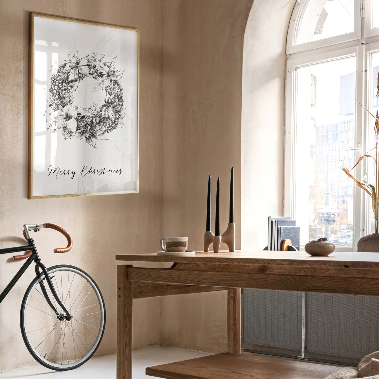 Black and white Santa sketch and wreath print with Merry Christmas and Make a wish  quote for black and white christmas wall decor.