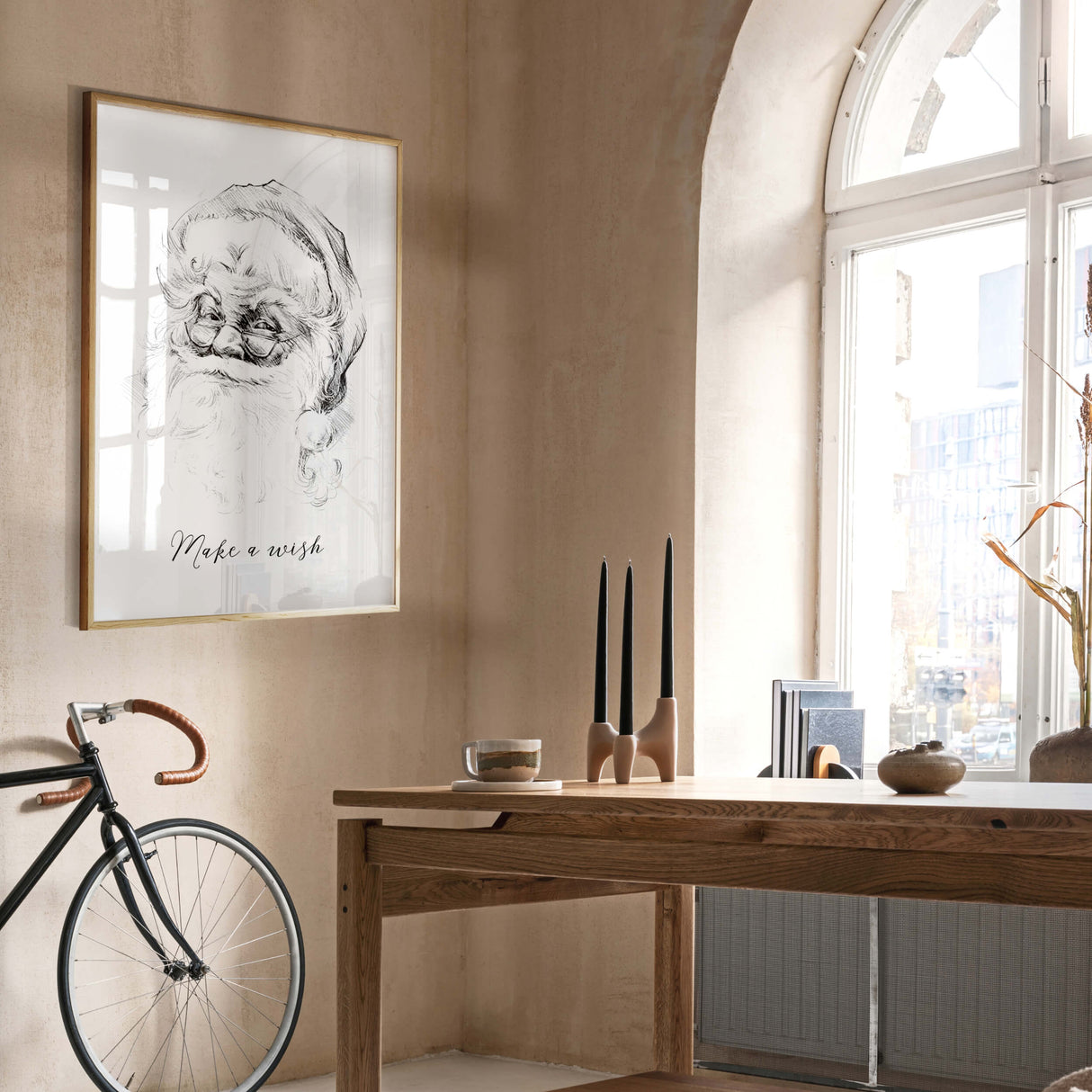 Black and white Santa sketch print with Make a wish quote for christmas wall decor.