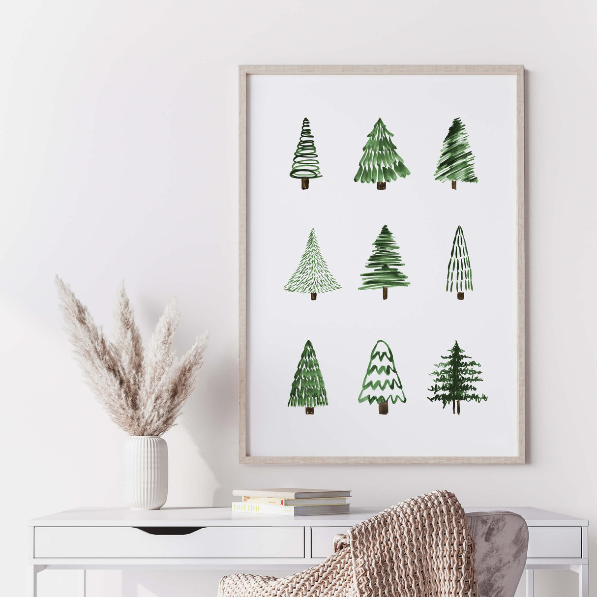 Set of 2 minimal pine tree poster for minimal christmas home decor.