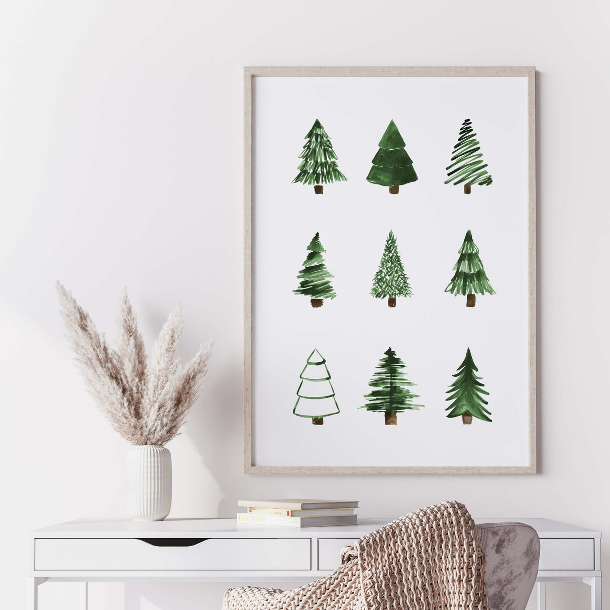 Set of 2 minimal pine tree print in green color for minimal christmas home decor and line art home decor.