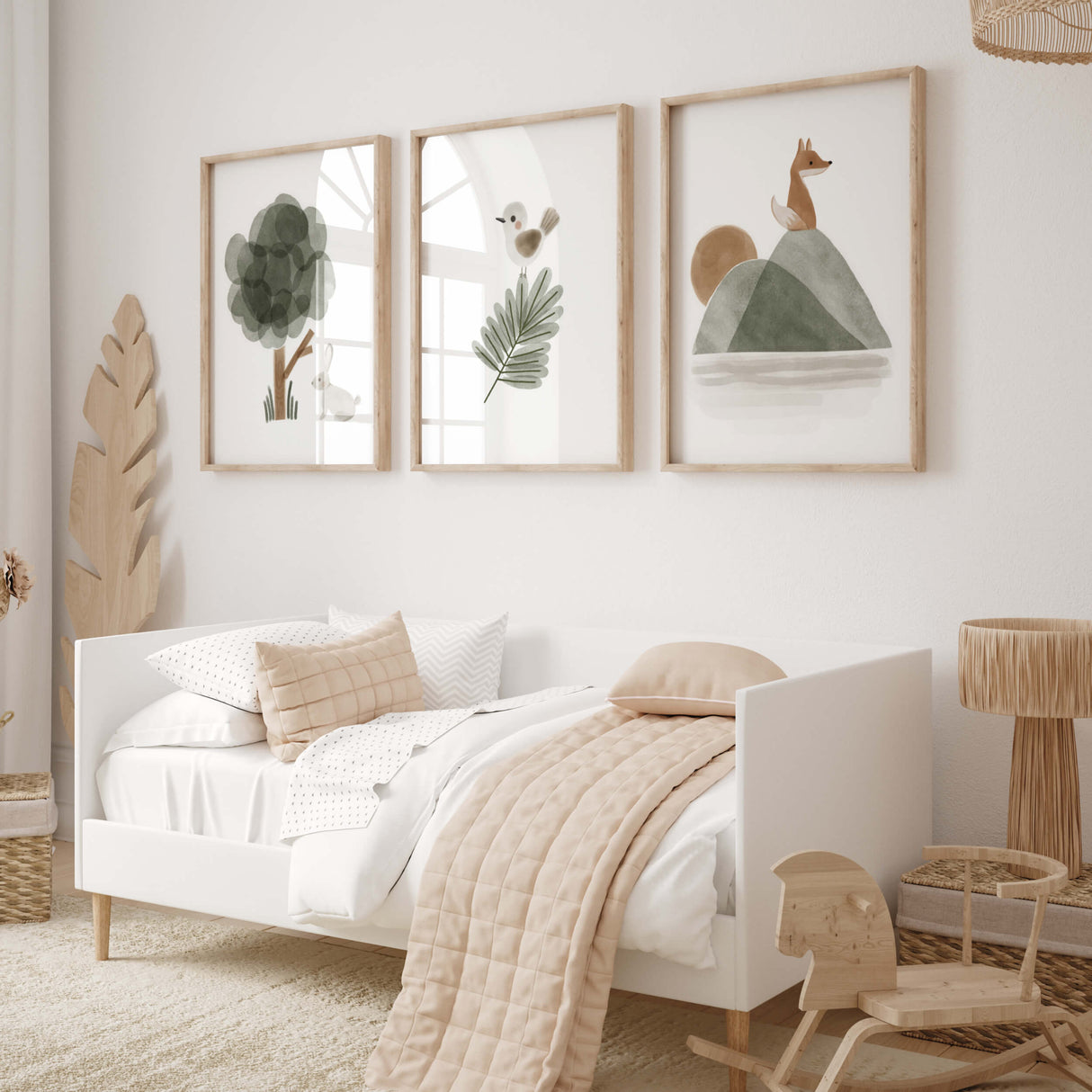 Set of 3 watercolor boho woodland poster for boho gender neutral nursery decor.