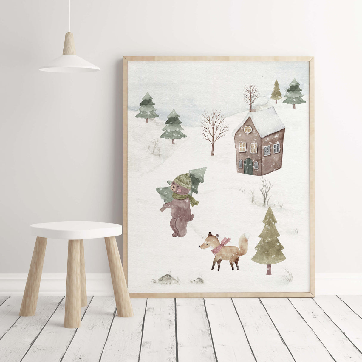 Set of 3 watercolor winter landscape nursery print with woodland animals for christmas nursery decor.