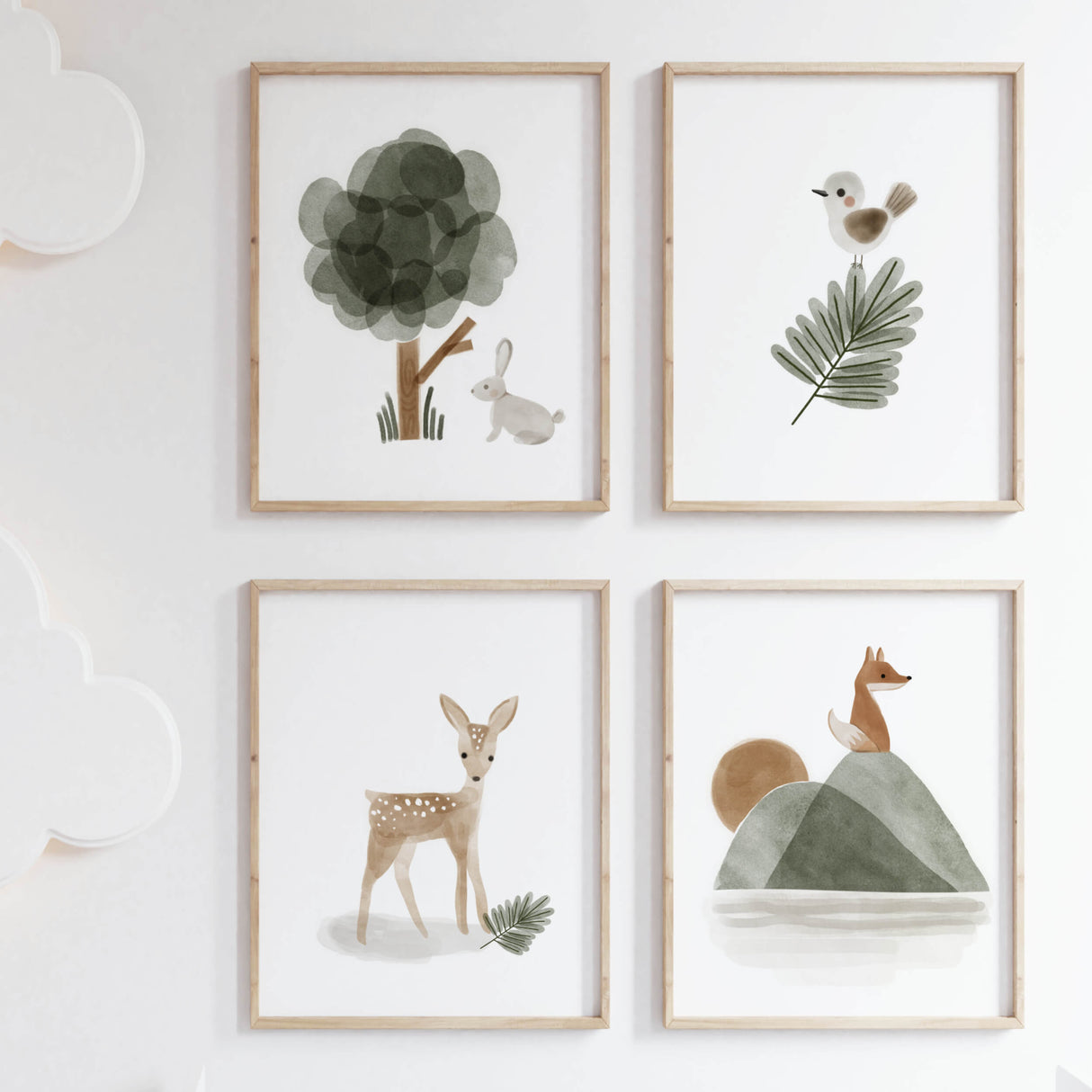 Set of 4 watercolor boho woodland animals with bunny, bird, fox, deer print for gender neutral nursery decor.