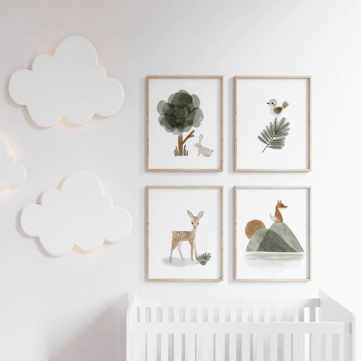 Set of 4 watercolor boho woodland animals print with bunny, bird, fox, deer printable for boho gender neutral nursery ideas