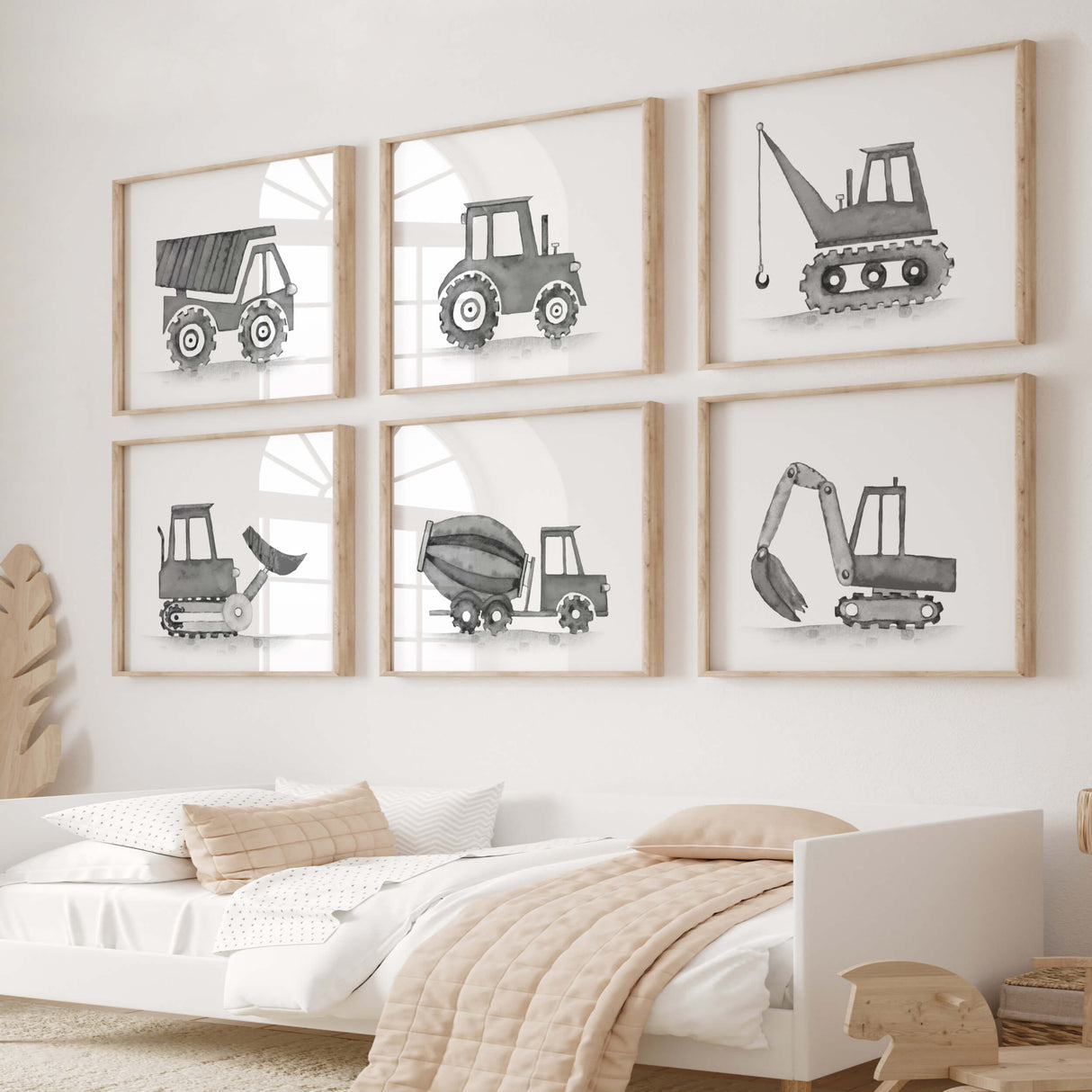 Set of 6 watercolor construction vehicle print in black , gray colors for baby boys room decor, toddler room decor, nursery room decor, vehicles: tractor, cement mixer, crane, digger, dump truck, bulldozer