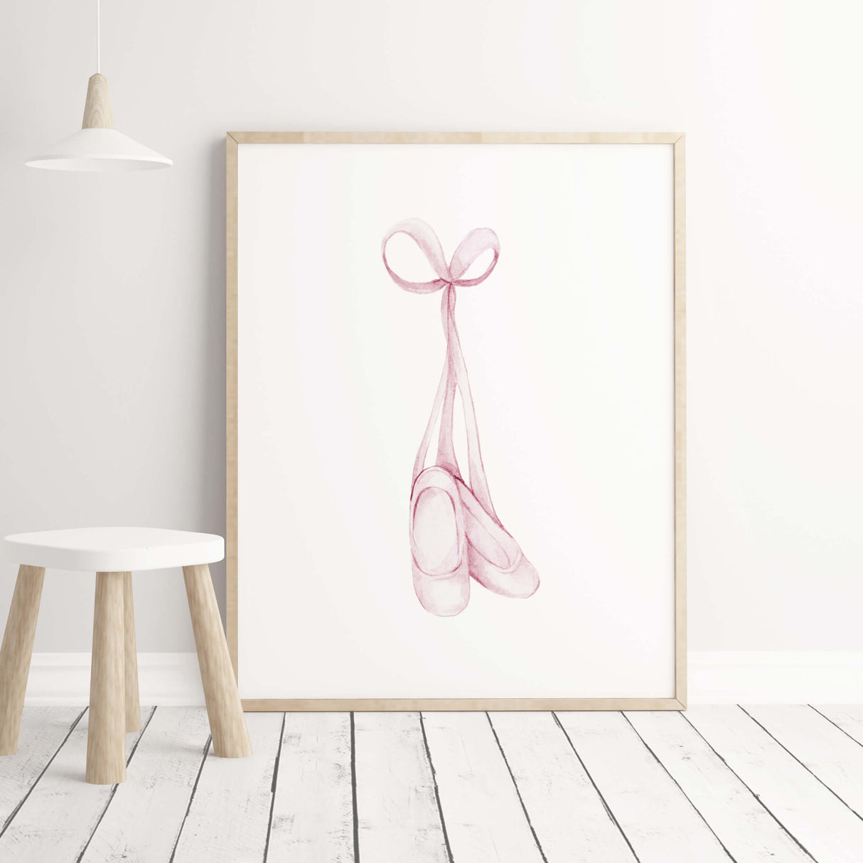 Watercolor pink ballerina shoes print for girls nursery decor.