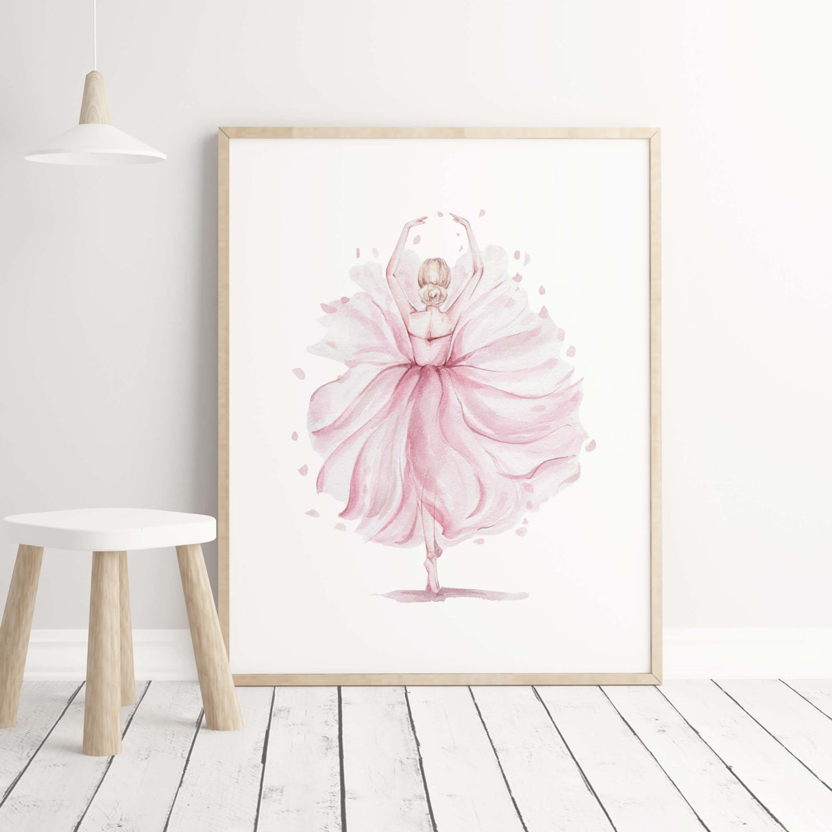 Watercolor pink ballerina dancing print for girls nursery decor.