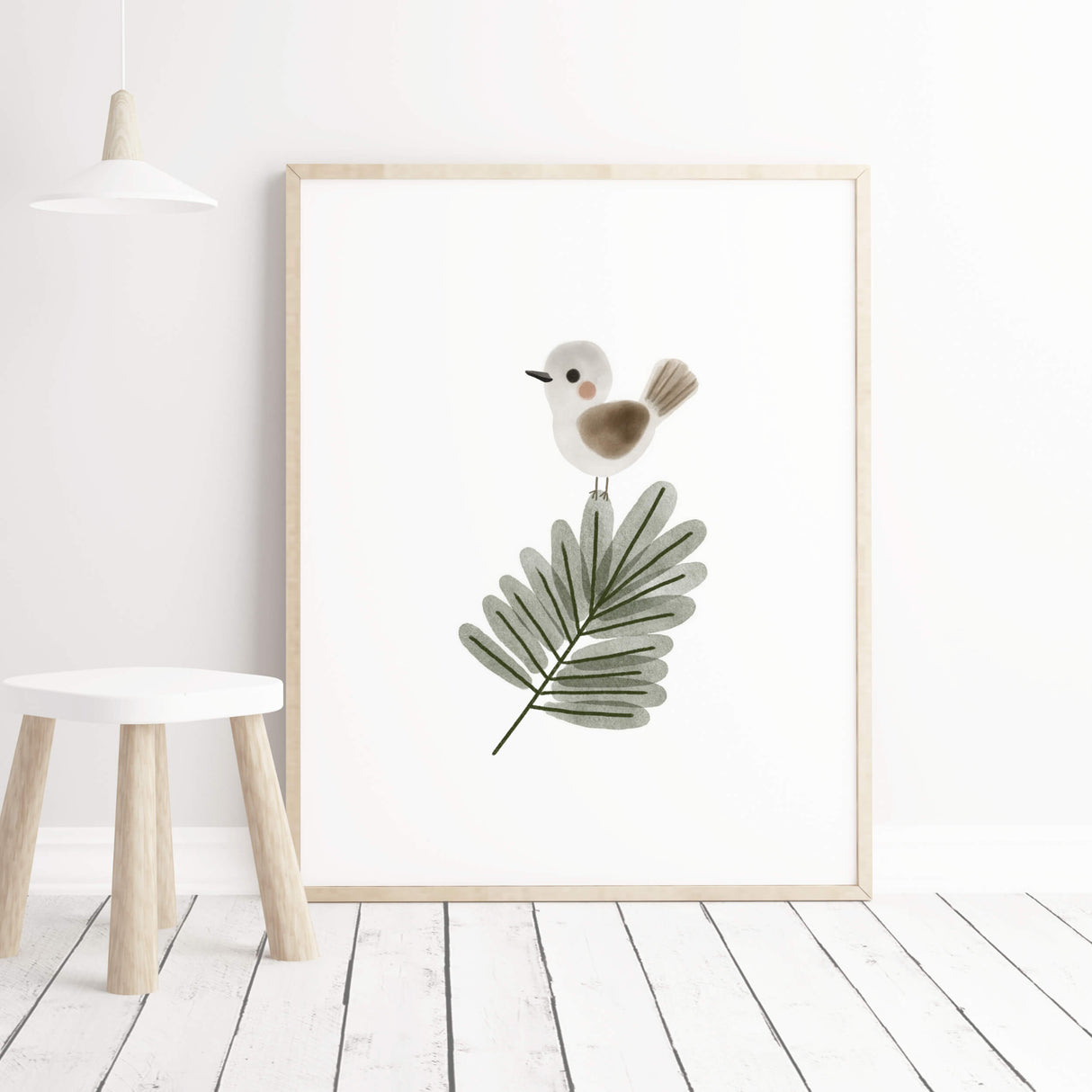 Watercolor bird with leaf for boho gender neutral nursery decor.