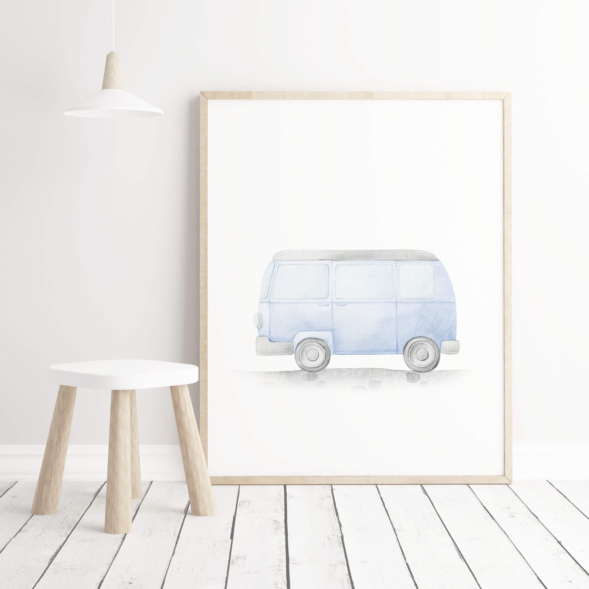 Watercolor blue vintage bus print for baby boys room decor, toddler room decor, blue gray nursery decor.