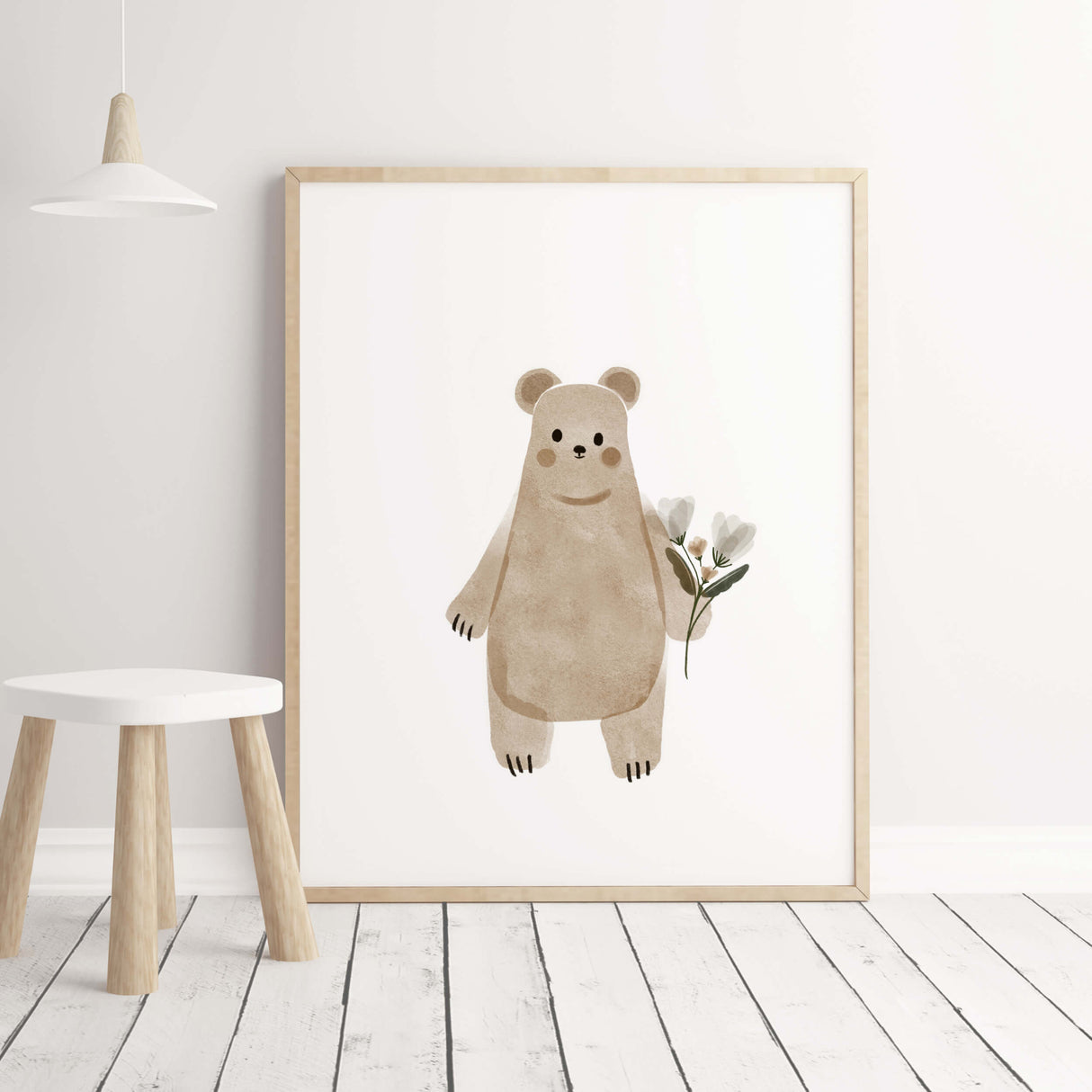 Watercolor boho woodland with bear, flower print in sage green, brown, gray for boho gender neutral nursery decor and ideas, kids room decor.