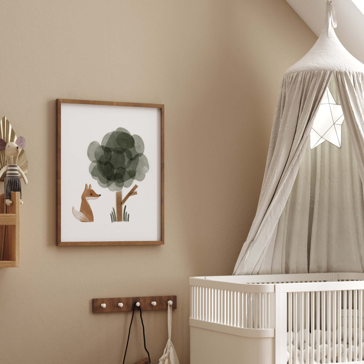 Watercolor boho woodland print with fox and tree in sage green, brown, gray for gender neutral nursery decor.