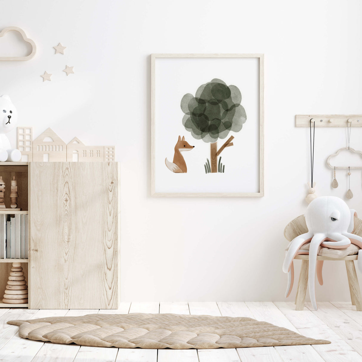 Watercolor boho woodland with fox, and tree print in sage green, brown, gray for boho gender neutral nursery decor.