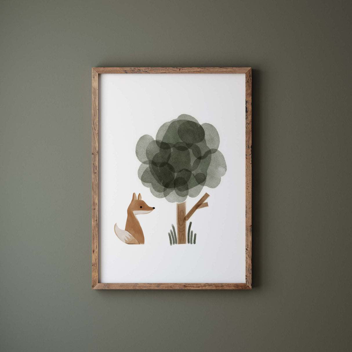 Watercolor boho woodland with fox, and tree print in sage green, brown, gray for boho gender neutral nursery decor and ideas, kids room decor.