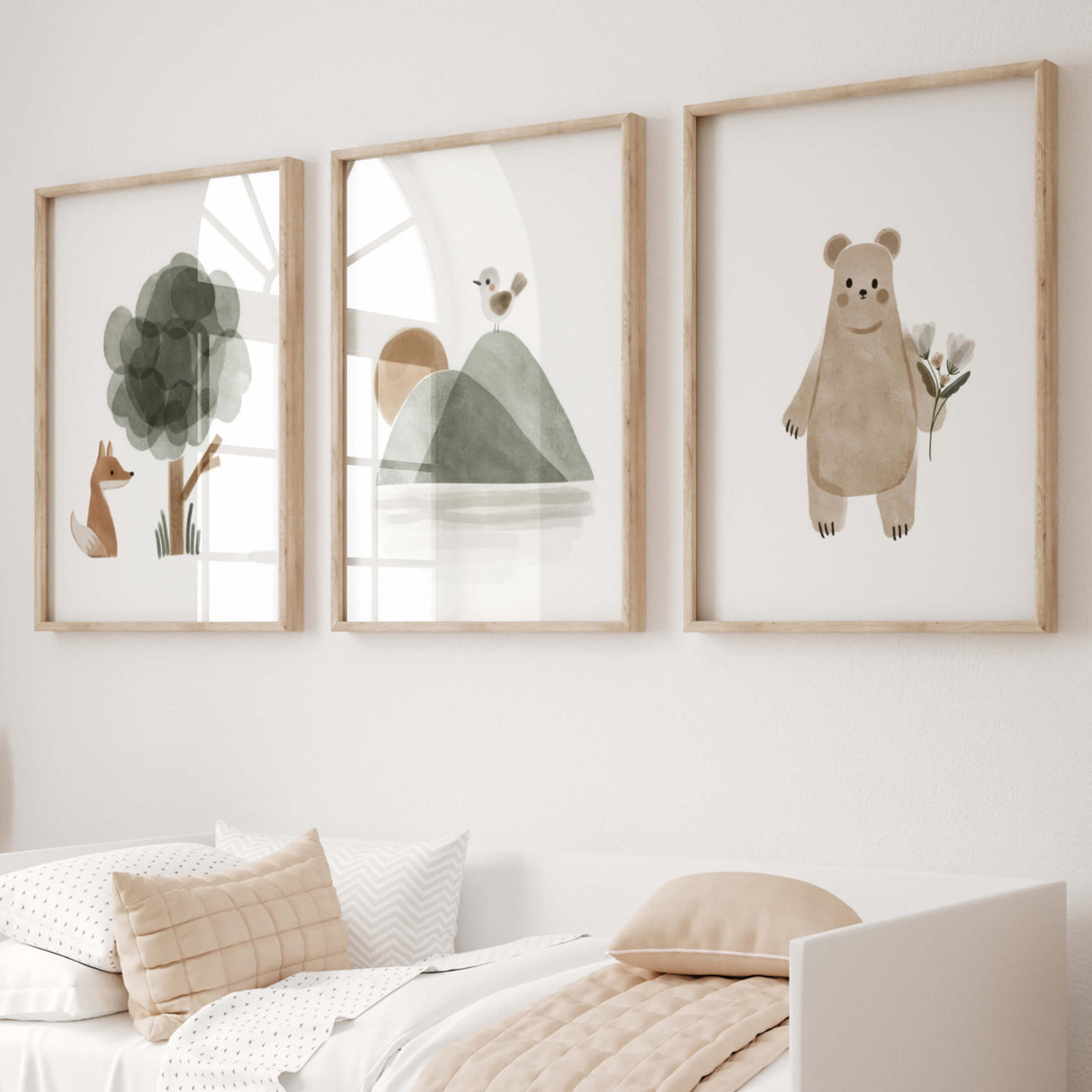 Watercolor boho woodland print with fox, bear, bird, sunrise, tree and flower in sage green, brown, gray for gender neutral nursery decor.