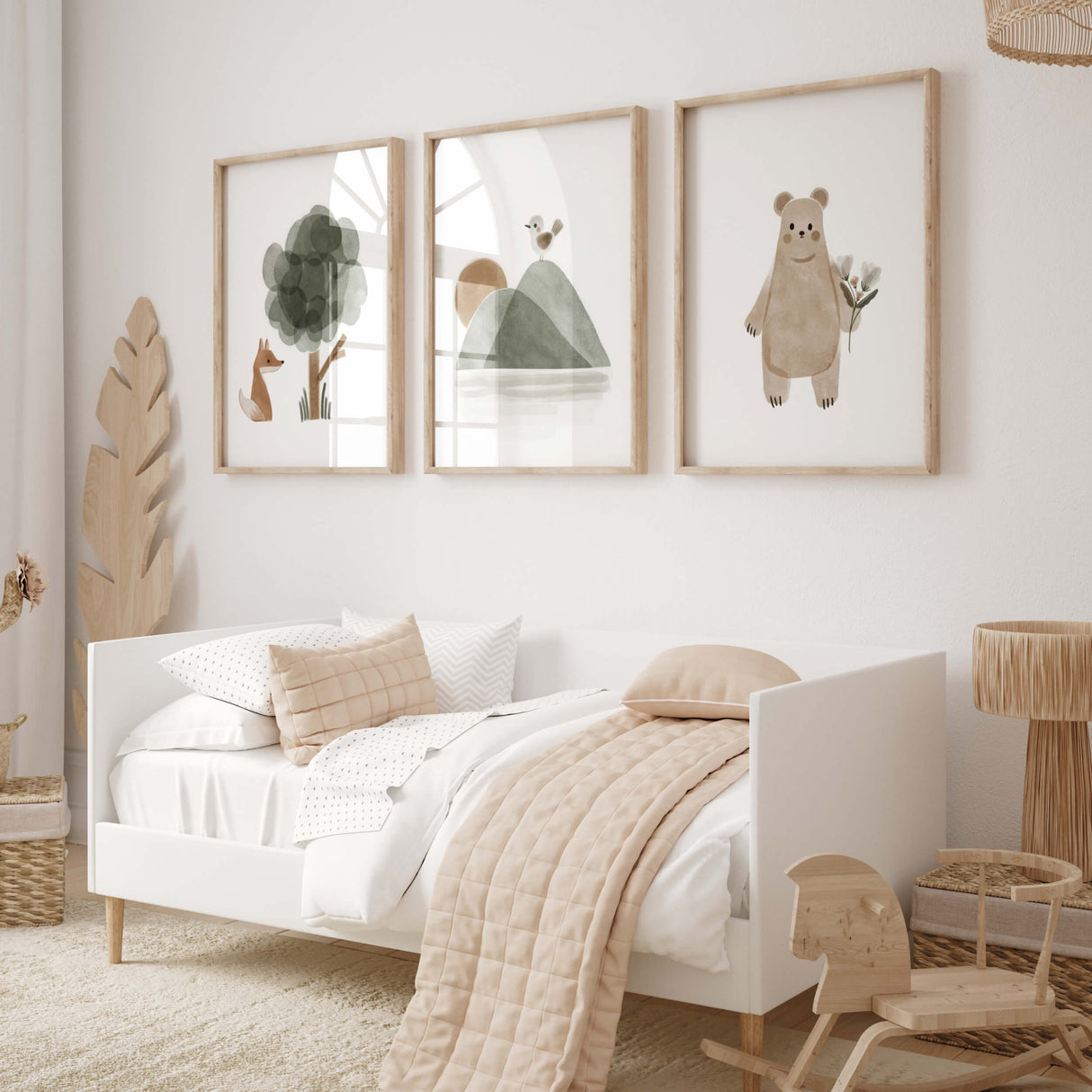 Watercolor boho woodland print with fox, bear, bird, sunrise, tree and flower in sage green, brown, gray for gender neutral nursery ideas.