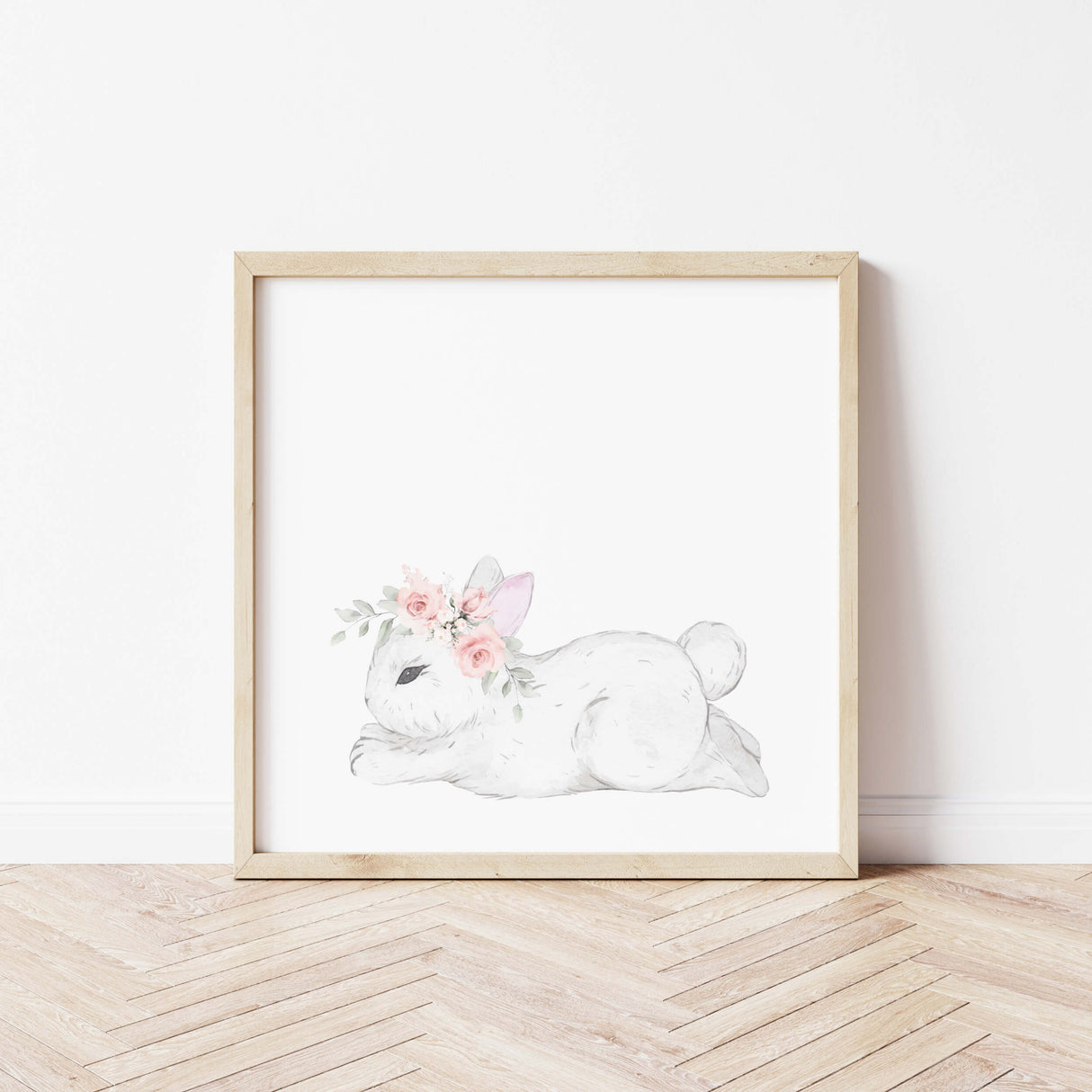 Watercolor bunny print with bunny tail, and pink flower in white, gray, pink colors for baby girls room decor.