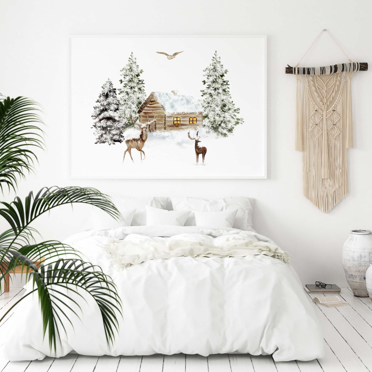 Watercolor christmas landscape print for winter home decor.