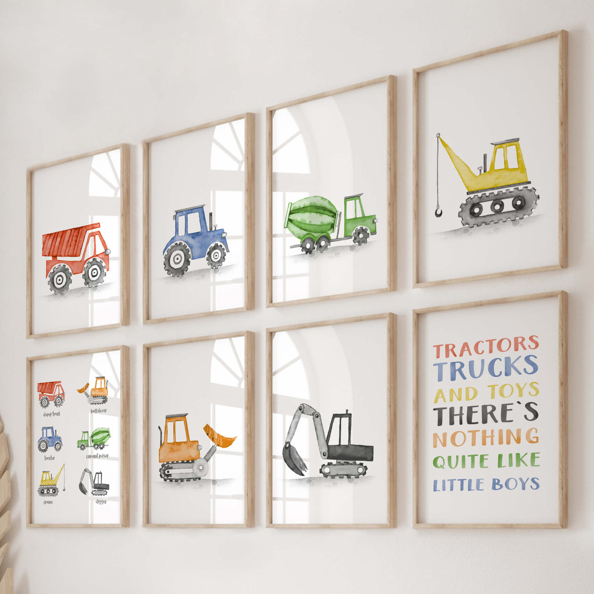 Watercolor colorful construction vehicle print for baby boys room decor, toddler room decor, nursery decor, vehicles: tractor, cement mixer, crane, digger, dump truck, bulldozer.