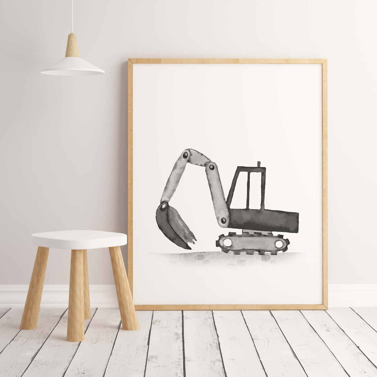 Watercolor colorful construction vehicle print with excavator for baby boys room decor, toddler room decor, nursery decor, vehicles: tractor, cement mixer, crane, digger, dump truck, bulldozer.