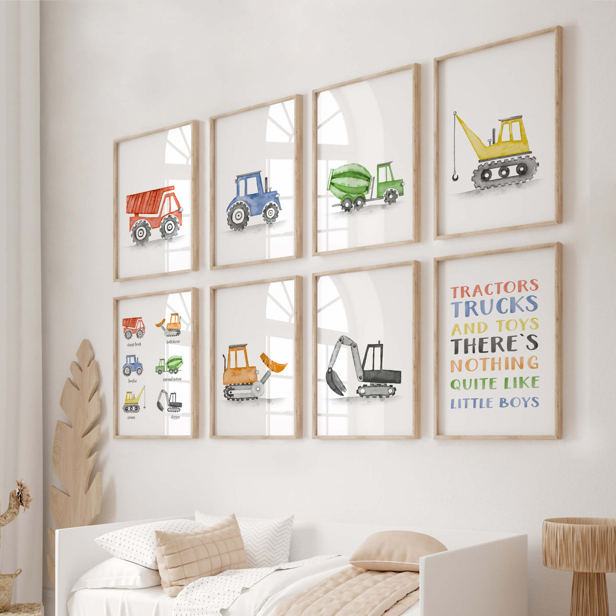 Watercolor colorful construction vehicle printable for baby boys room decor, toddler room decor, nursery decor, vehicles: tractor, cement mixer, crane, digger, dump truck, bulldozer.