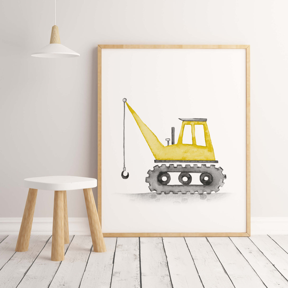 Watercolor colorful construction vehicle printable with crane for baby boys room decor, toddler room decor, nursery decor, vehicles: tractor, cement mixer, crane, digger, dump truck, bulldozer.
