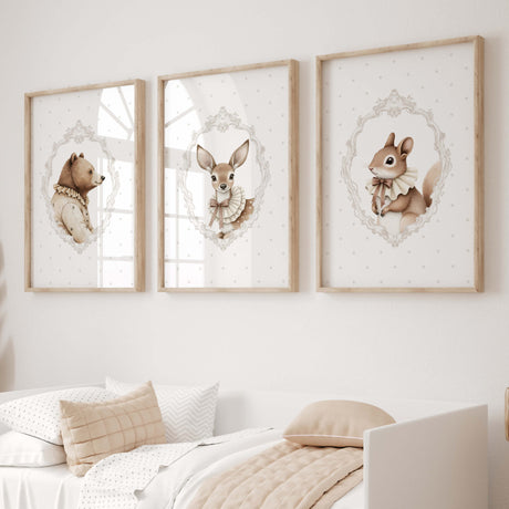 Watercolor grey brown vintage animal with beige polka dots background orint for gender neutral nursery decor, victorian nursery decor, beige white nursery decor, rococo nursery decor, luxury nursery decor, baroque nursery decor, includes animals: deer, bear, squirrel, badger.