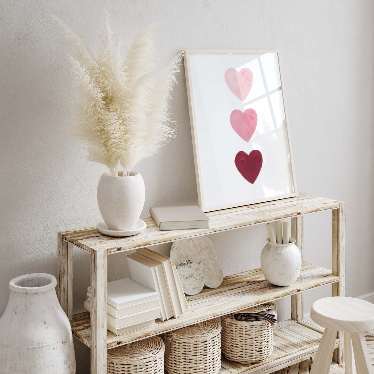 Watercolor hearts print with pink and burgundy heart for valentine's day decor, girls room decor. love home decor, romantic home decor, beige, brown, pink nursery decor, boho home decor.