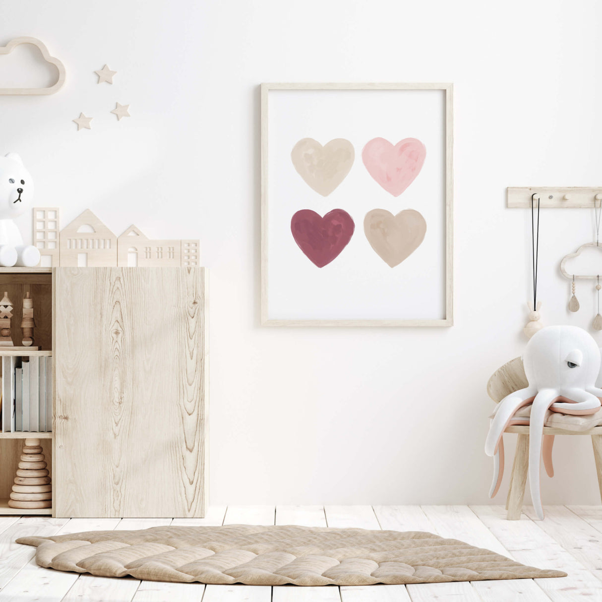 Watercolor hearts print with pink, beige, brown and burgundy heart for valentine's day decor, girls room decor. love home decor, romantic home decor, beige, brown, pink nursery decor, boho home decor.