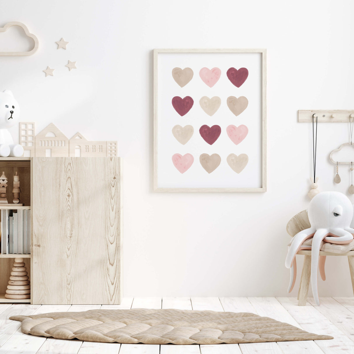 Watercolor hearts print with pink, beige, brown and burgundy heart for valentine's day decor, girls room decor. love home decor, romantic home decor, beige, brown, pink nursery decor, boho home decor.