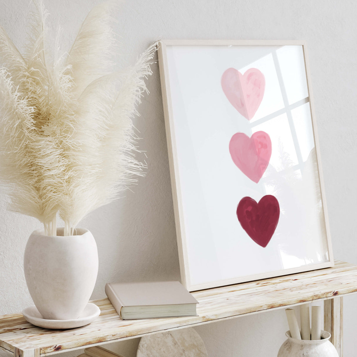 Watercolor hearts printable with pink and burgundy heart for valentine's day decor, girls room decor. love home decor, romantic home decor, beige, brown, pink nursery decor, boho home decor.