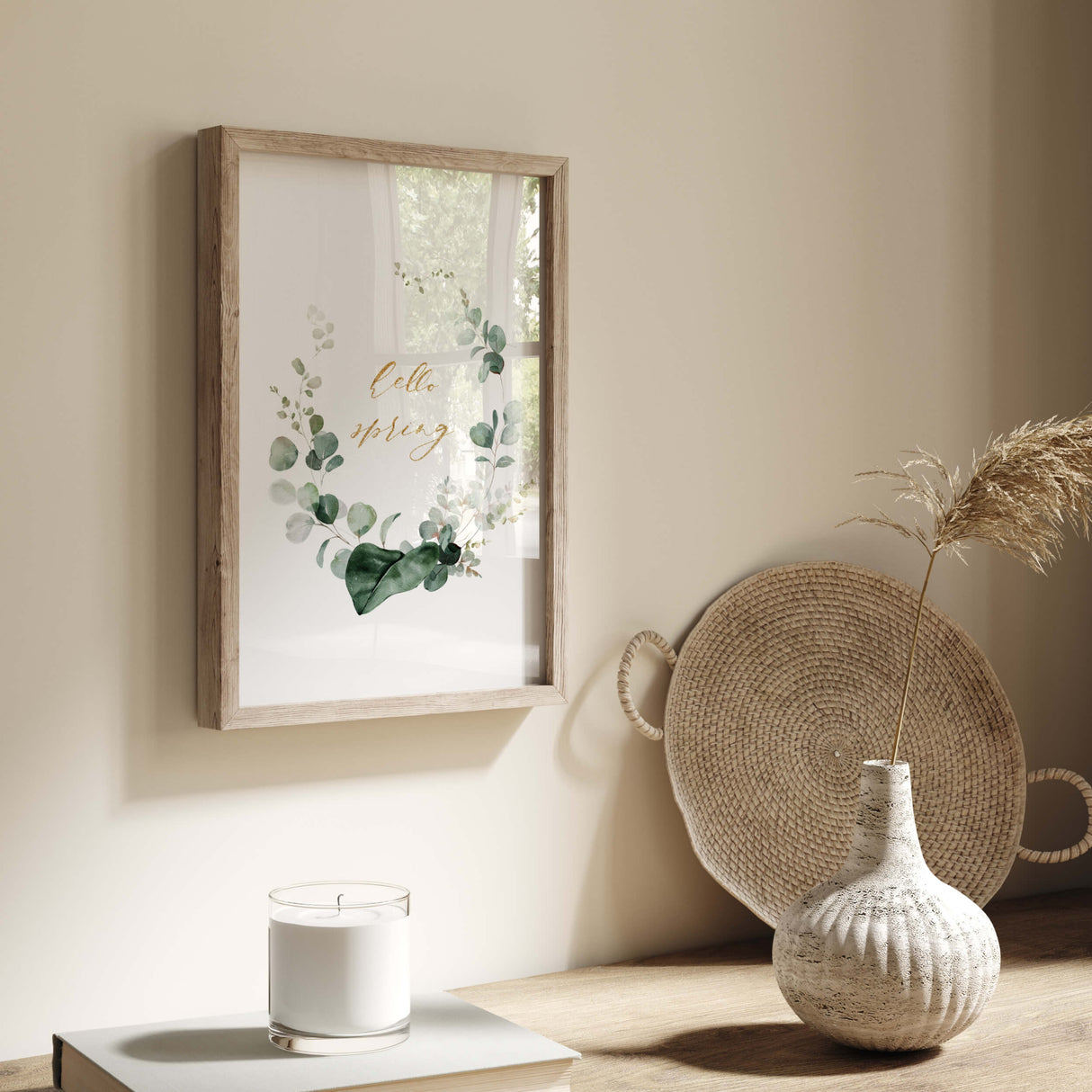 Watercolor hello spring greenery wreath poster with eucalyptus and sage green hello spring quote for spring home decor, botanical home decor, greenery home decor, sage green home decor, neutral home decor.