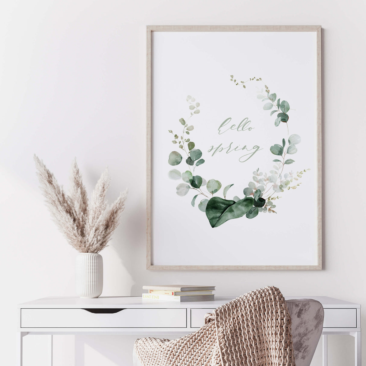 Watercolor hello spring greenery wreath printable with eucalyptus and sage green hello spring quote for spring home decor, botanical home decor, greenery home decor, sage green home decor.