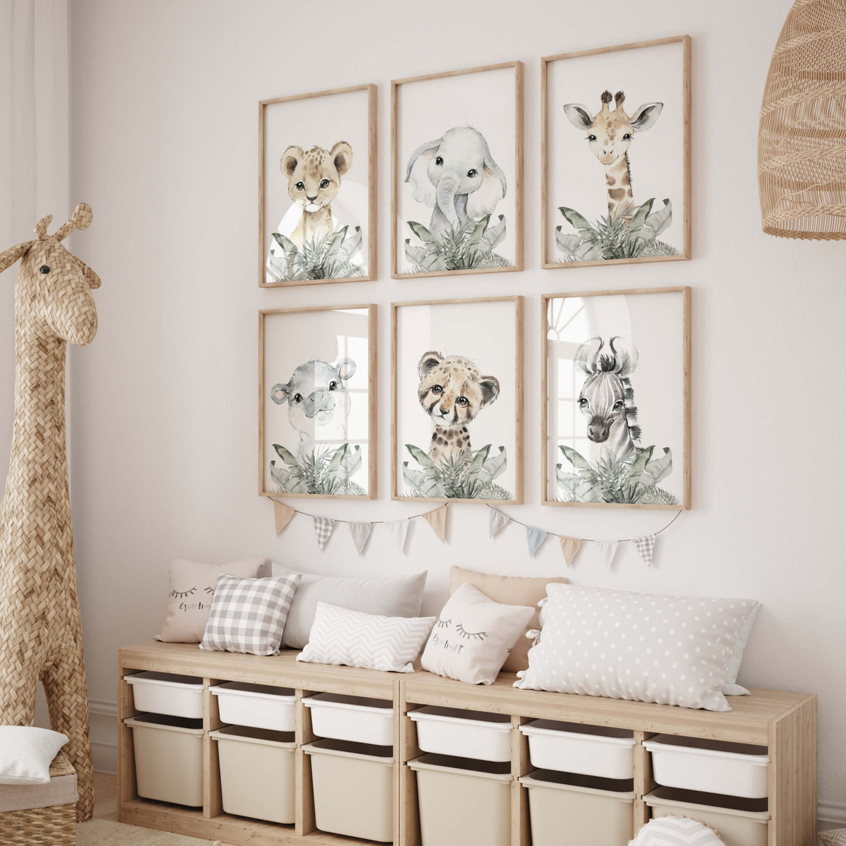 Watercolor safari animal with leaves print in beige, gray, sage green colors for gender neutral nursery decor, boho nursery decor, baby boys room decor, baby girls room decor, sage green nursery decor, animals: lion, elephant, giraffe, hippo, leopard, zebra.