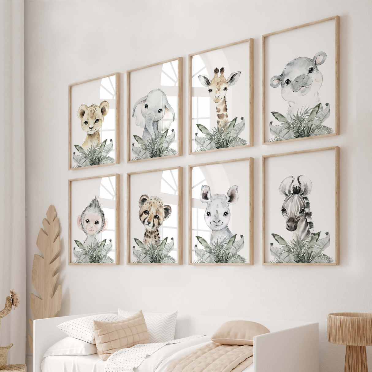 Watercolor safari animal with leaves printable in beige, gray, sage green colors for gender neutral nursery decor, boho nursery decor, baby boys room decor, baby girls room decor, animals: lion, elephant, giraffe, hippo, monkey, leopard, rhino, zebra.