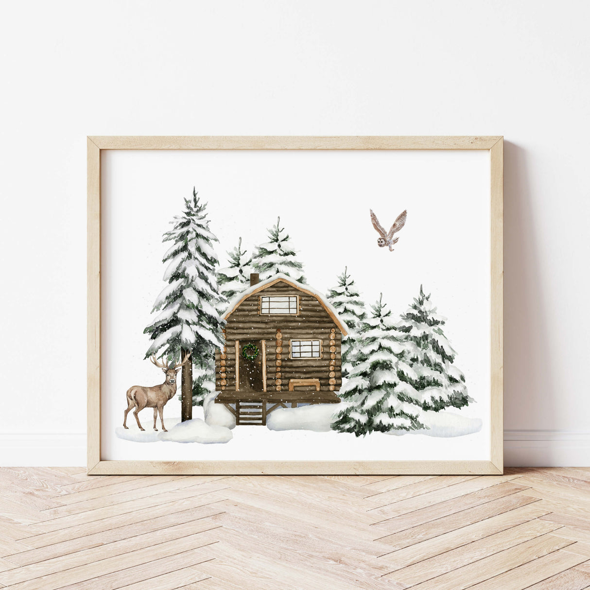 Watercolor winter landscape with snow, deer, houses and owl poster for christmas wall decor.