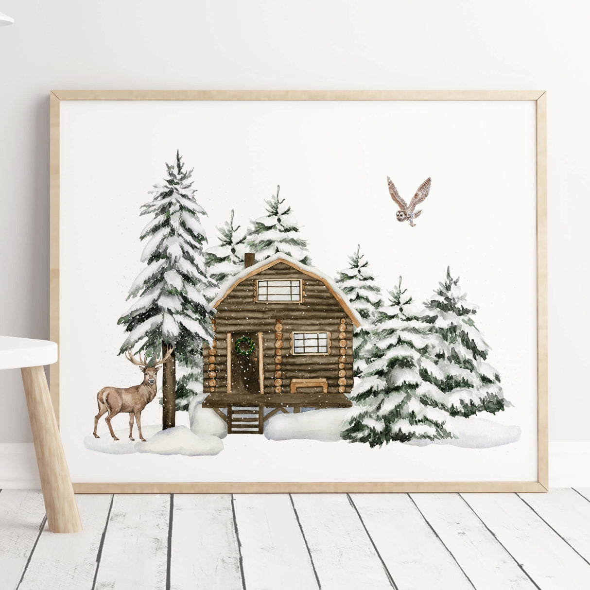 Watercolor winter landscape with snow, deer, houses and owl print for christmas wall decor.