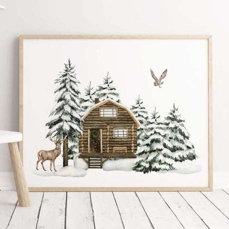 Watercolor winter landscape with snow, deer, houses and owl print for christmas wall decor.