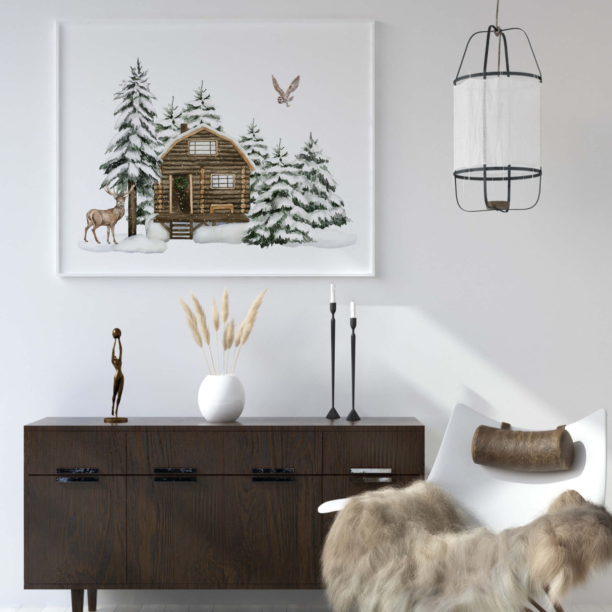 Watercolor winter landscape with snow, deer, houses and owl printable for christmas wall decor.