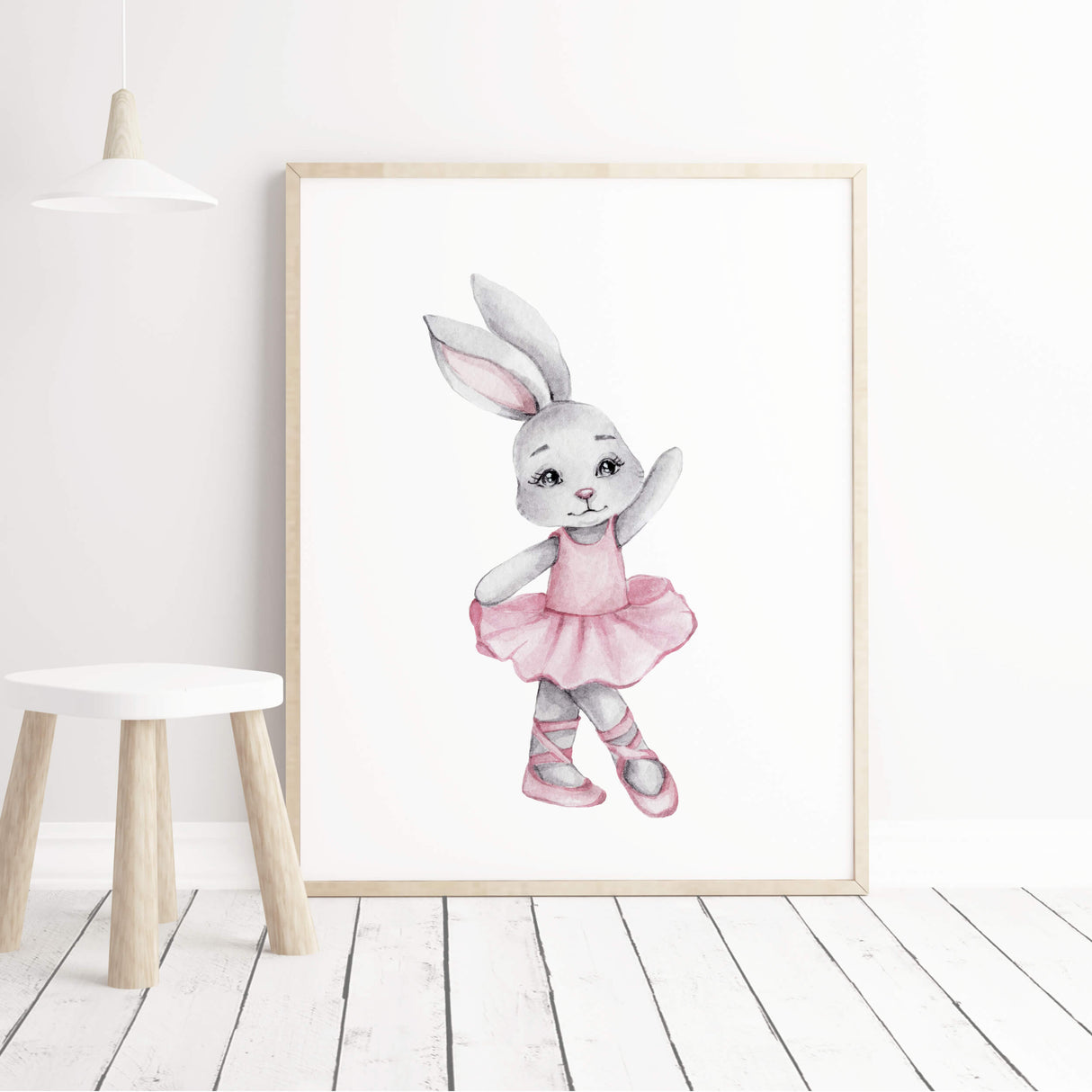 Watercolor bunny ballerina print in gray, pink colors for baby girls room decor, pink nursery decor, gray nursery decor.