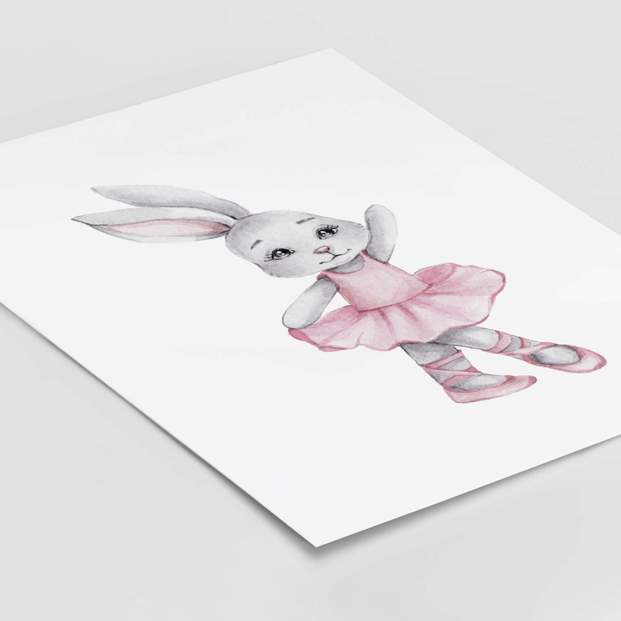 Watercolor bunny ballerina printable in gray, pink colors for baby girls room decor, pink nursery decor, gray nursery decor.