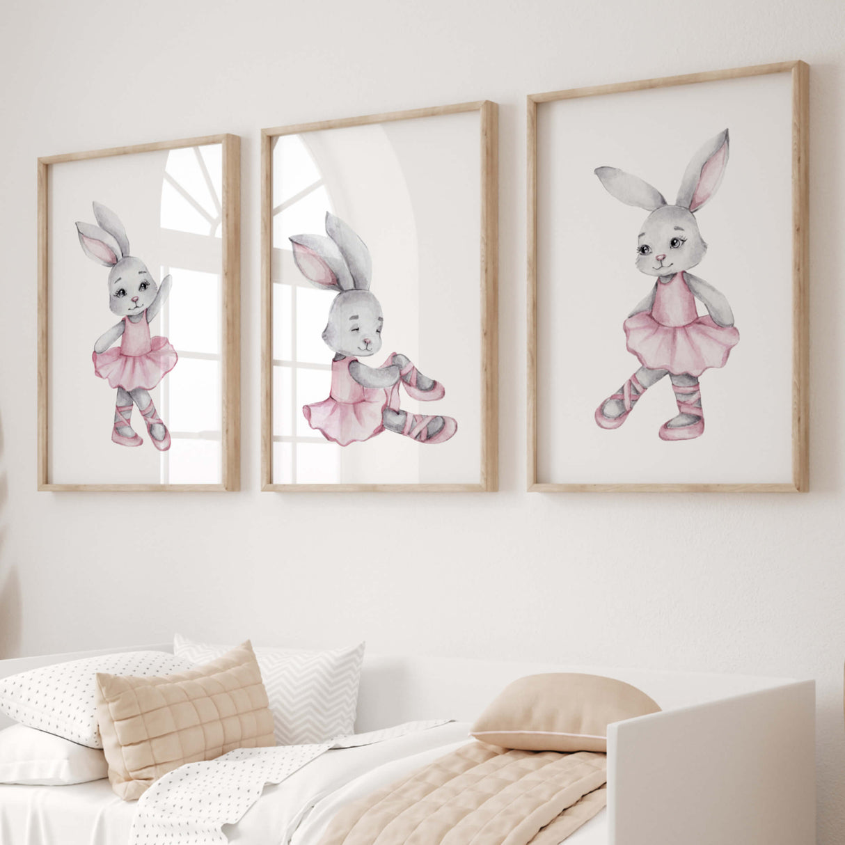 Watercolor bunny ballerina printable in gray, pink colors for baby girls room decor, pink nursery decor, gray nursery decor.