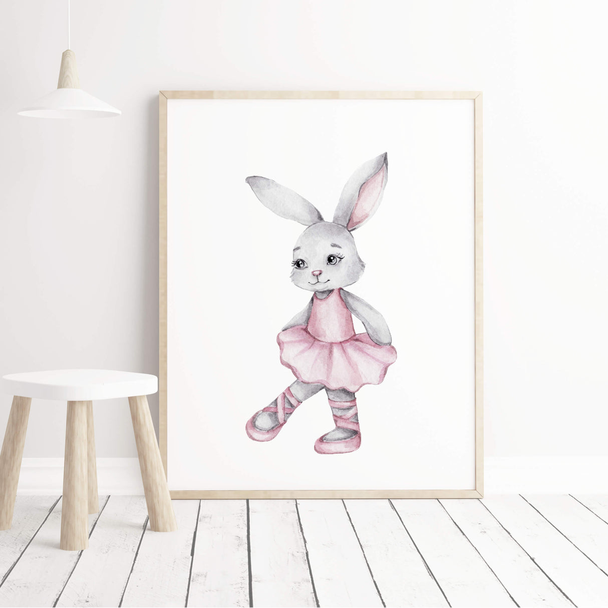 Watercolor bunny ballerina print in gray, pink colors for baby girls room decor, pink nursery decor, gray nursery decor.