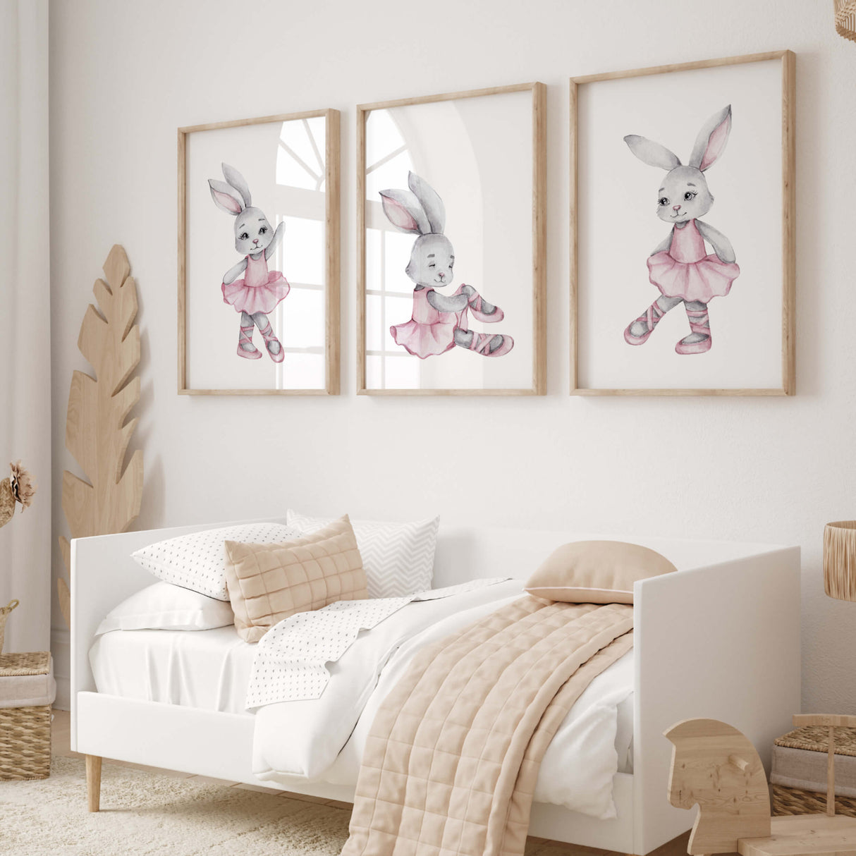 Watercolor bunny ballett printable in gray, pink colors for baby girls room decor, pink nursery decor, gray nursery decor.