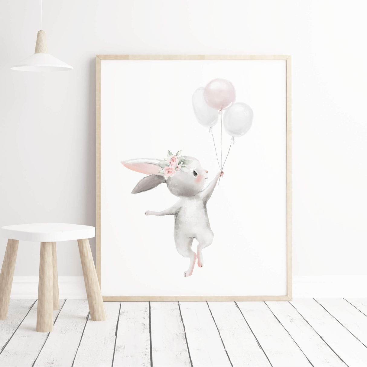 Watercolor bunny ballerina with flower, ribbon, balloon print in gray, pink colors for baby girls room decor, pink nursery decor, gray nursery decor.
