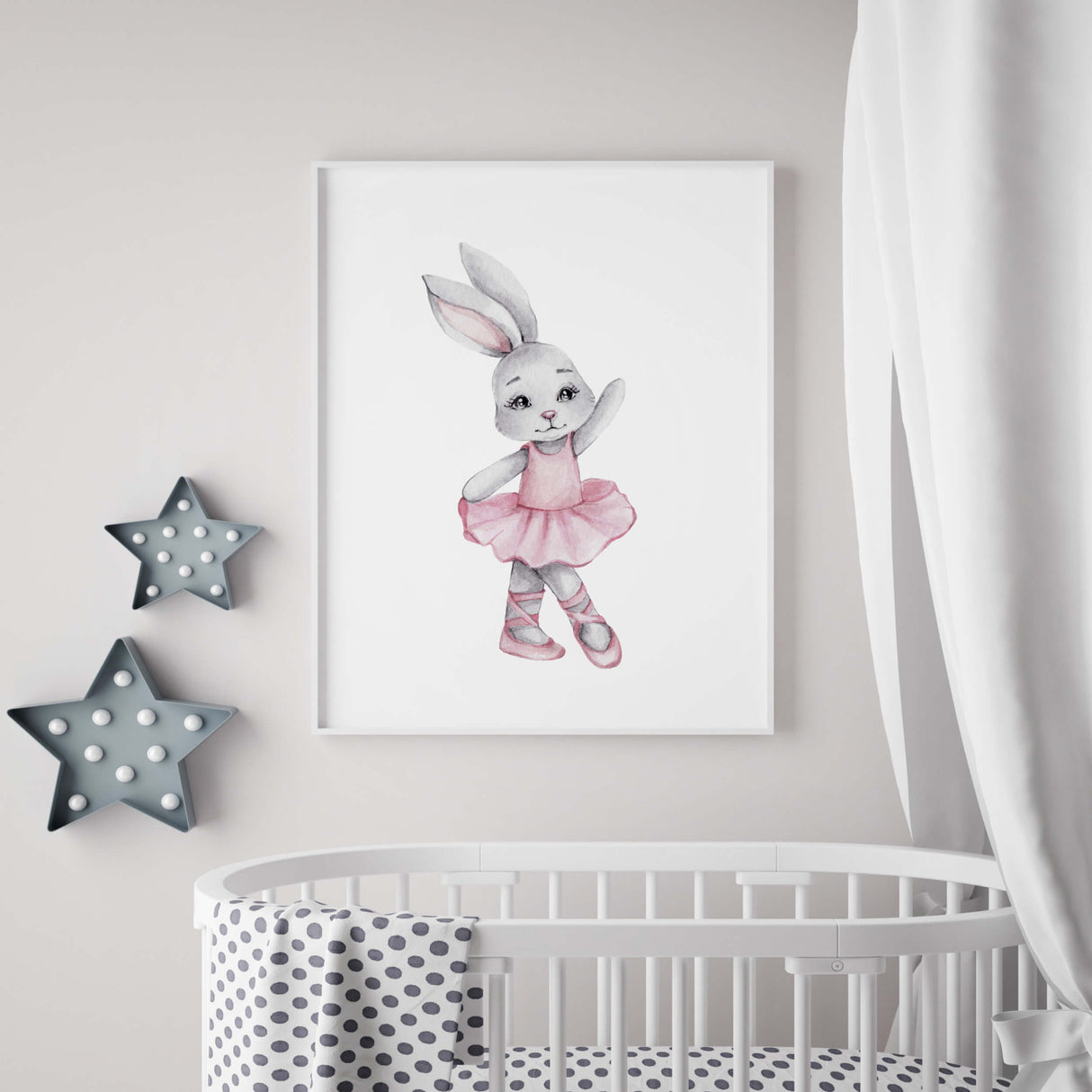 Watercolor bunny ballerina print in gray, pink colors for baby girls room decor, pink nursery decor, gray nursery decor.