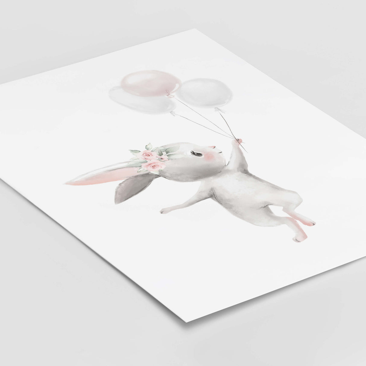 Watercolor bunny ballerina with flower, ribbon, balloon printable in gray, pink colors for baby girls room decor, pink nursery decor, gray nursery decor.