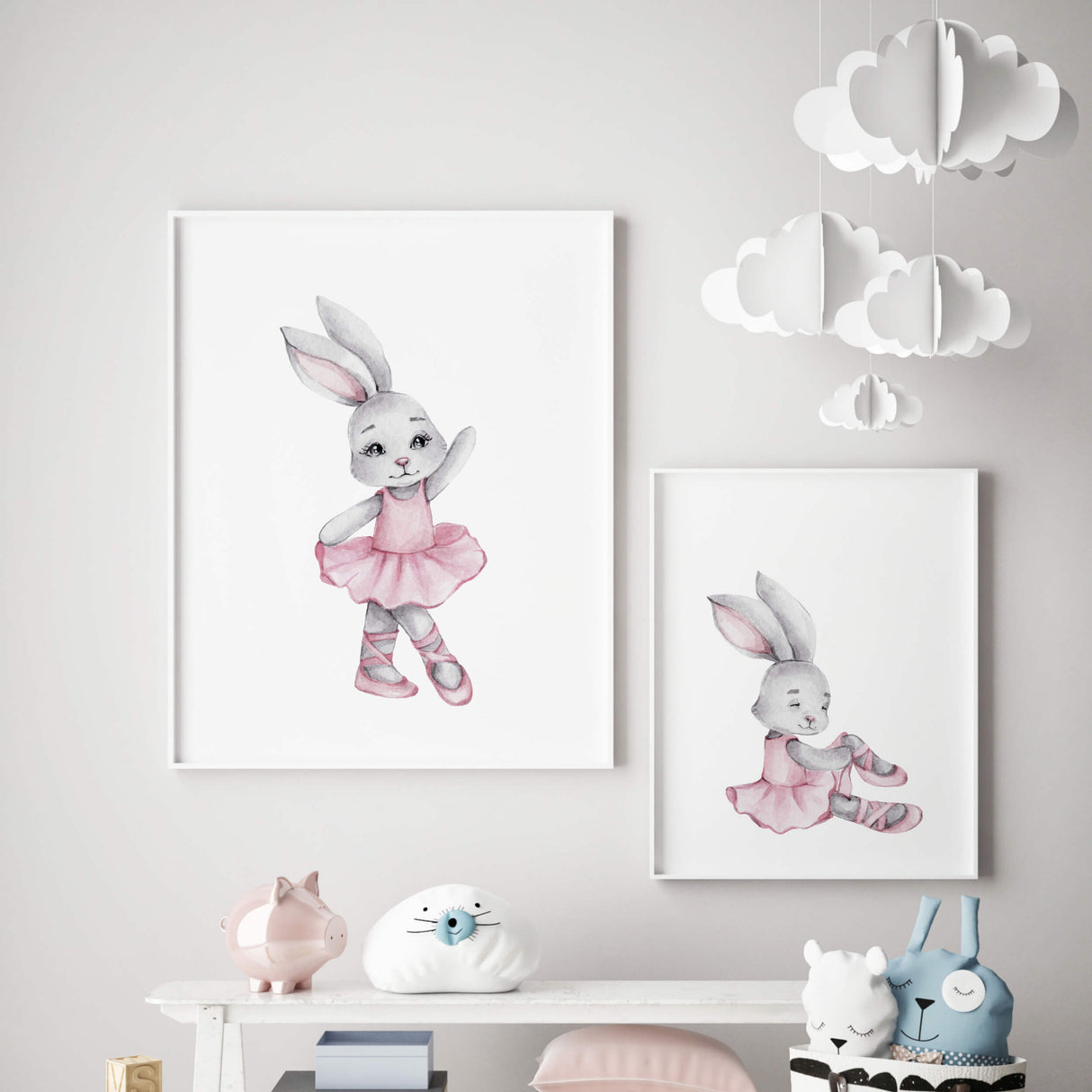 Watercolor bunny ballerina print in gray, pink colors for baby girls room decor, pink nursery decor, gray nursery decor.